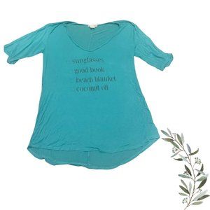 Stella Cruz Hi-Lo Flowy Short Sleeve Teal Beach Graphic Tee Size Large